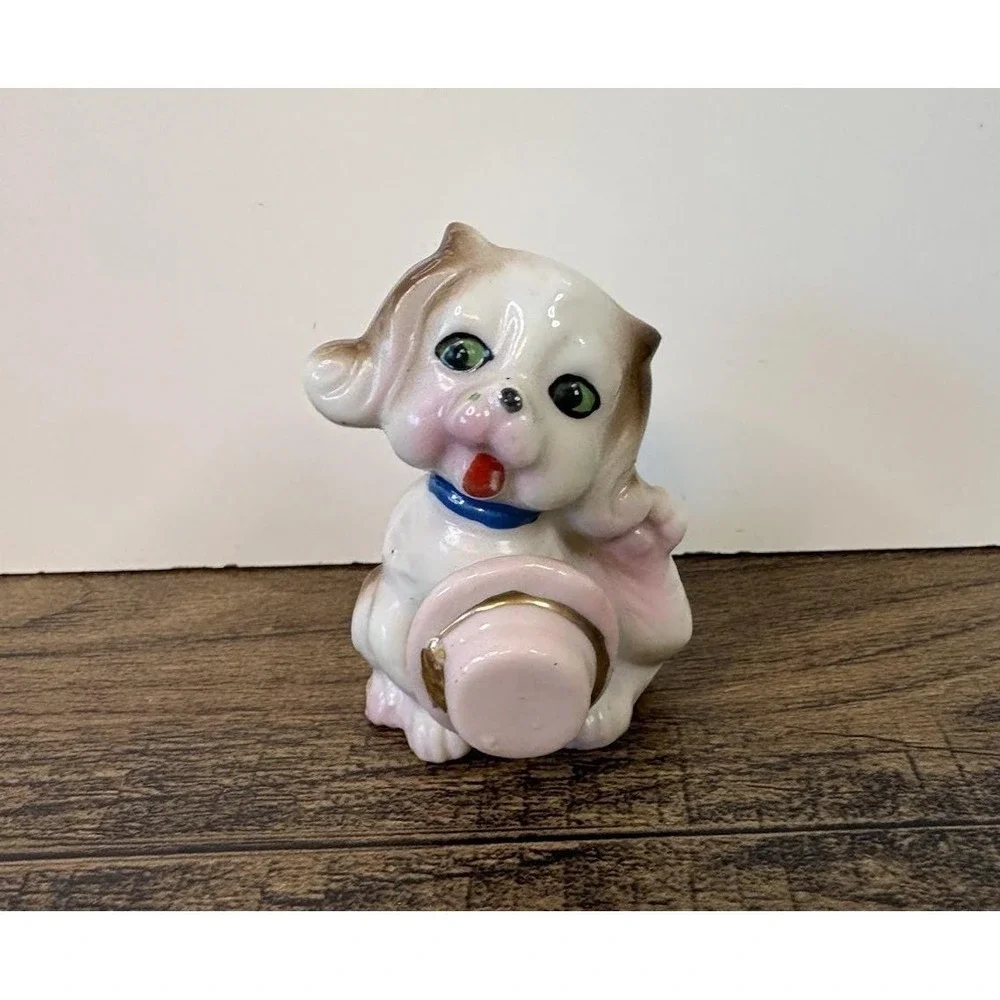 Vintage Spaniel Puppy Dog Holding Pink Hat 2.25